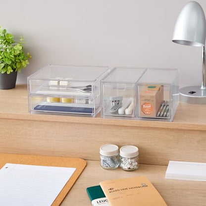STORi Stackable Desk Organizer Drawers, Clear Pen Pencil Makeup Brush Holder for Desktops and Vanities, 4 Multi-size Drawers (Made in USA) - style: Combo Drawer Set