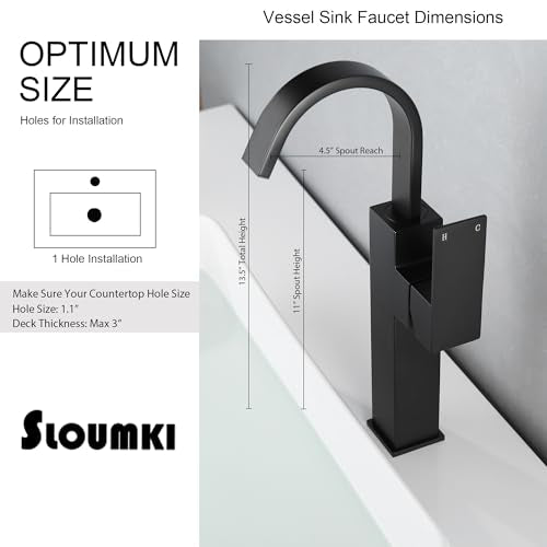 Matte Black Vessel Sink Faucet, Single Handle Tall Bathroom Faucet，Waterfall Bathroom Faucet Single Hole Lavatory Vanity Tap Single Hole Bar Sink Faucet with Pop Up Drain and Supply Lines,SL50044BK - color: Matte Black, size: Tall