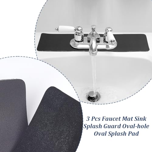 AHANDMAKER 3Pcs Faucet Mat Sink Splash Guard Black Rectangle Splash Pad with Oval Hole for Kitchen Bathroom Sink Backsplash Water Catcher Behind Faucet