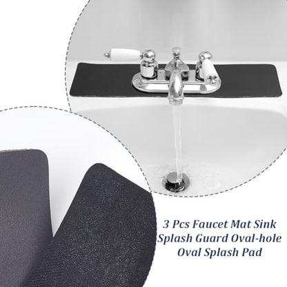 AHANDMAKER 3Pcs Faucet Mat Sink Splash Guard Black Rectangle Splash Pad with Oval Hole for Kitchen Bathroom Sink Backsplash Water Catcher Behind Faucet
