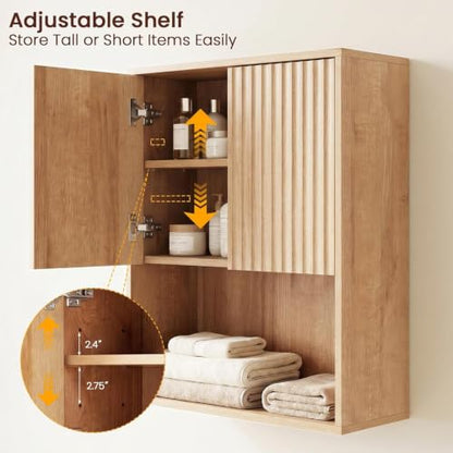 Fluted Bathroom Wall Cabinet Over the Toilet Storage,Wall Mounted Cabinet with Adjustable Shelf,Floating Cabinet Organizer Hanging Cabinet,Kitchen and Laundry Room Cabinets (Oak, 1 PC) - color: Oak