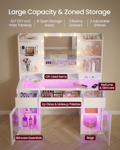 VASAGLE Kailyn Collection - Vanity Desk with LED Lights and Power Outlet, Modern Vanity Table with Light Strip, 3 Drawers, 2 Cabinets, Transparent Top, 8 Storage Shelves, Cloud White URDT145WB03S - style: 42.1"W 3 Drawers 2 Cabinets Vanity Desk - Cloud Wh
