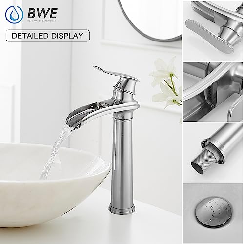 BWE Vessel Sink Faucet Brushed Nickel Tall Waterfall Bathroom Faucet | Deck Mount Single Handle One Hole Lavatory Vanity Faucet with Pop Up Drain Assembly and Supply Hose,Solid Brass - color: Brushed Nickel, size: 11.81 inch Vessel Version