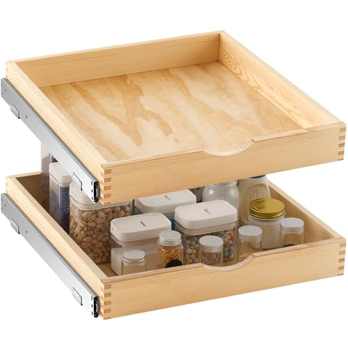 Menkxi 2 Set Wooden Pull out Cabinet Organizer Fully Assembled Slide out Pantry Drawer with Gentle Close Storage Shelf Tray for Base Kitchen Under Sink Bathroom Accessory(Wood Color,21'' X 21'' X 3'') - size: 21'' X 21'' X 3''