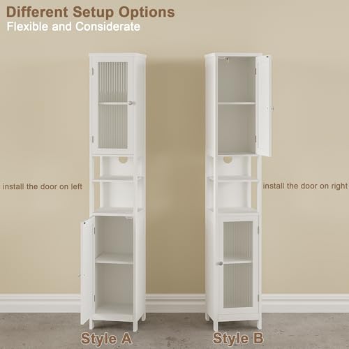 ChooChoo Narrow Bathroom Storage Cabinet with Light, Space Saving | Space Saving,Tall Bathroom Storage Cabinet, 5-Tier, 2 Doors, Slim, Freestanding, Adjustable Shelves, White - color: White