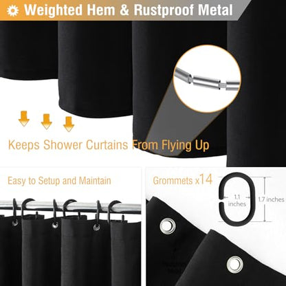 84x72 Wide Linen Textured Waterproof Cloth Thick Shower Curtain, Black | Wide Size, 230GSM Polyester, Heavy Duty Fabric, Weighted Hem, 14 Plastic Hooks, Modern Luxury Hotel Style, Machine Washable - color: Black, size: 84"W x 72"L (Pack of 1)