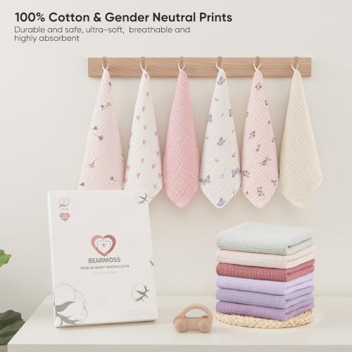 Bearmoss 12 Pack Baby Muslin Washcloths, 100% Cotton 10"x10" Face Towels | Soft Absorbent Bath Wash Cloths and Burp Cloths for Newborn Infants Kids Girls & Boys (Pink Purple) - color: Pink Purple