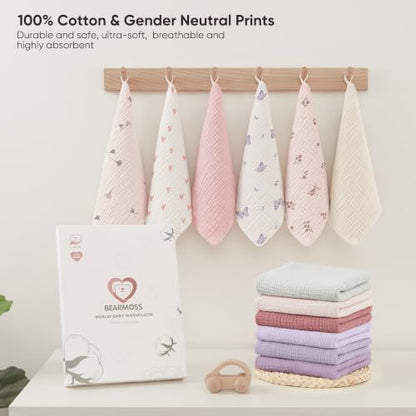 Bearmoss 12 Pack Baby Muslin Washcloths, 100% Cotton 10"x10" Face Towels | Soft Absorbent Bath Wash Cloths and Burp Cloths for Newborn Infants Kids Girls & Boys (Pink Purple) - color: Pink Purple