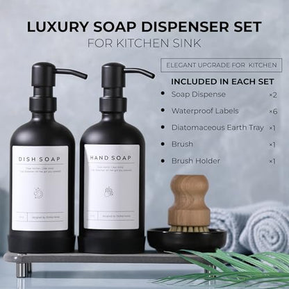 [Luxury] Kitchen Soap Dispenser Set - 16OZ Black Glass Bottle, Stainless Steel Pump, Instant Dry Tray, Waterproof Labels, Non-Slip Silicone Pad, and Dish Brush | Upgrade for Your Kitchen and Bathroom - color: Black Bottle + Black Pump