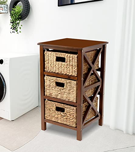 3 Tier X-Side End Storage Cabinet, Walnut | 3 Wicker Baskets - color: Walnut, size: 14"D x 14"W x 25"H (3 Drawers)
