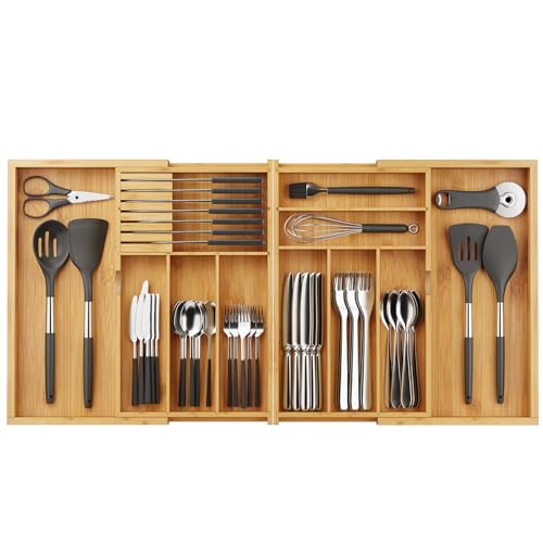 BAMEOS Expandable Silverware Drawer Organizer with Removable Knife Blocks, Bamboo Kitchen Utensil Holder from 21" to 36", Large Cutlery Tray with Divider for Forks, Spoons, Knives - size: 2''H 17x36
