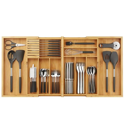 BAMEOS Expandable Silverware Drawer Organizer with Removable Knife Blocks, Bamboo Kitchen Utensil Holder from 21" to 36", Large Cutlery Tray with Divider for Forks, Spoons, Knives - size: 2''H 17x36