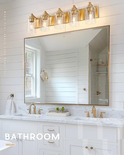 5-Light Brushed Gold Bathroom Vanity Light, Clear Cylinder Glass | 30" modern bathroom light fixtures over mirror, E26 base, bulbs not included, VL143-BG-5 - color: Brushed Gold, Cylinder Glass Shade, size: 5-light