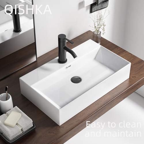 Wall Mount Rectangular Vessel Sink with Towel Rack, QISHKA 24"x14" Modern Ceramic Bathroom Floating Sink, White Rectangle Vanity Sink with Overflow, Wall Hung Wash Hand Basin - size: 24" x 14.2" x 5.1"