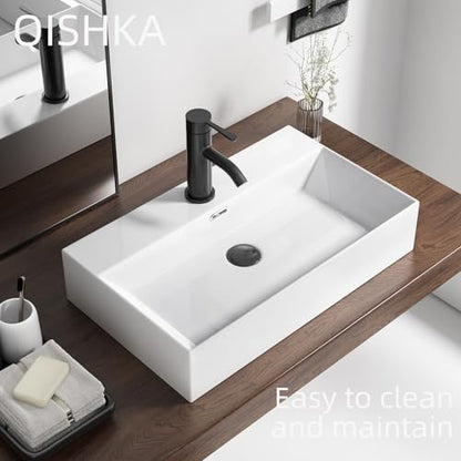 Wall Mount Rectangular Vessel Sink with Towel Rack, QISHKA 24"x14" Modern Ceramic Bathroom Floating Sink, White Rectangle Vanity Sink with Overflow, Wall Hung Wash Hand Basin - size: 24" x 14.2" x 5.1"