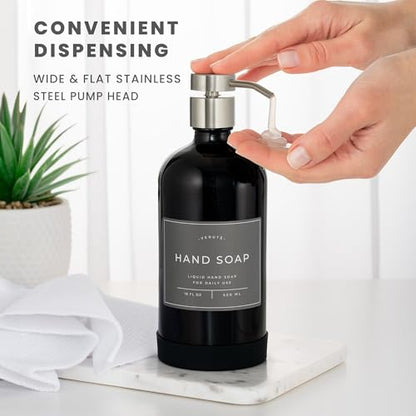 Hand and Dish Soap Dispenser for Kitchen and Bathroom, Set of 2 16 Oz Glass Bottles, Stainless Steel Pumps, Non-Slip Silicone Base, 27 Waterproof Labels (Gloss Black Bottle/Brushed Silver Pump) - color: Gloss Black Bottle / Brushed Silver Pump