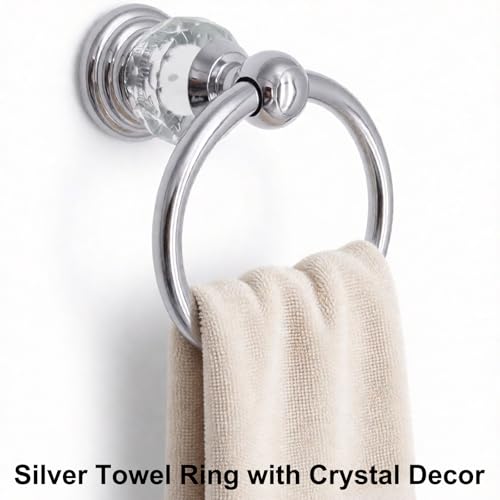 Silver Towel Ring with Crystal, Round Hand Towel Holder for Bathroom | Wall Mounted Stainless Steel Hand Towel Rack, Polished Silver Rustproof Bath Hardware, Fits Modern Luxury Home Kitchen Hotel - color: Silver Towel Ring