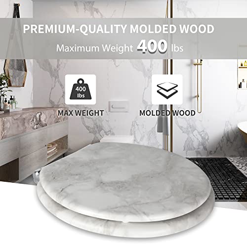 Angol Shiold ROUND Toilet Seat Molded Wood 16.5"(Gray Marble) | Quiet Close Quick Release Metal Hinges, Adjustable Fit for Standard Round Toilets, Easy to Install&Clean - color: Gray Marble-Round, size: Round-16.5“
