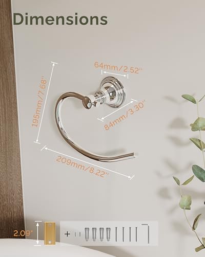 Chrome Towel Ring Wall Mounted for Bathroom, Hand Towel Holder | Polish 304 Stainless Steel Heavy Duty Towel Hanger Waterproof & Rustproof Towel Holder Raised Base - color: Chrome