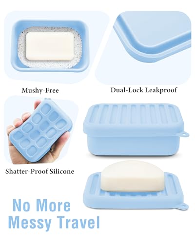 Silicone Travel Soap Case with Lid & Drain Tray, Leakproof, for Travel | Food-grade silicone, Leakproof seal, Built-in hook, Removable drain pad doubles as soap holder, For gym, travel, camping - color: Blue