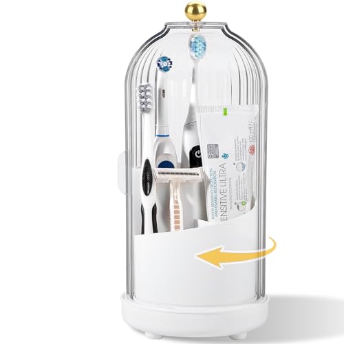 Toothbrush Holders with Cover Toothpaste Organizer for Bathroom, White | 360° Rotating, Dustproof Sliding Lid, Drainage Holes, Waterproof, for Kids Electric Toothbrush Makeup Brush Storage - color: White