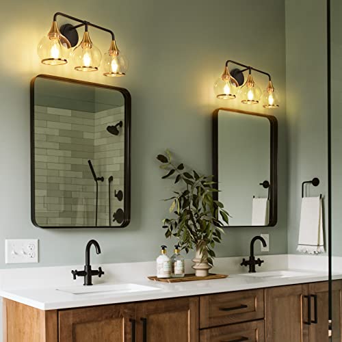 Black and Gold Bathroom Vanity Light 3-Lights Bathroom Light Fixtures Over Mirror with Clear Glass Shade 22.4 inch Wall Sconce Lighting Bath(Exclude E26 Bulb) - color: Clear,Gold, size: 3 Light