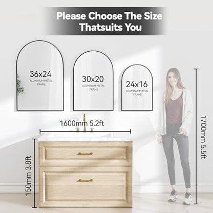 SCWF-GZ 36x24 Arch Mirror Rectangle Full Length Wall Mounted Hanging or Against Wall Metal Aluminium Alloy Frame Dressing Make-up Mirrors for Entryway Bedroom Bathroom Living Room 36 24 inch Black | HD Crystal Clear No distortion Tempered Glass,Make-Up Va