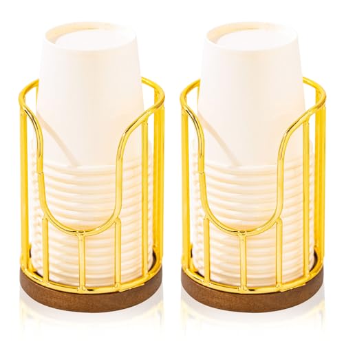 2PCS Bathroom Cup Dispenser with Acacia Wood Stand - Essential Bathroom Accessories for Toothbrush Holders & Mouthwash Cup Dispenser on Vanity Countertops Golden - color: 2 Pack Golden