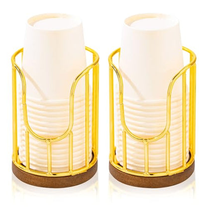 2PCS Bathroom Cup Dispenser with Acacia Wood Stand - Essential Bathroom Accessories for Toothbrush Holders & Mouthwash Cup Dispenser on Vanity Countertops Golden - color: 2 Pack Golden