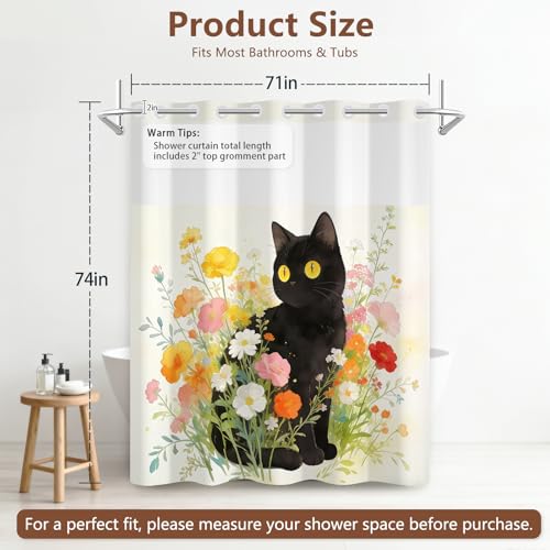 Floral No Hook Shower Curtain and Liner Set, Double-Layer Waterproof Cat Shower Curtain with Mesh Top Window and Weighted Bottom, Machine Washable Farmhouse Shower Curtains for Bathroom, 71"W x 74"L - color: Cat in Flowers