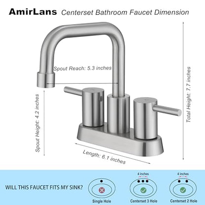 Brushed Nickel Bathroom Sink Faucet 2 Handle, 2 or 3 Hole 4 Inch Centerset Stainless Steel Bathroom Faucets with Pop up Drain, Vanity Faucet for Bathroom, Restroom, Rv, AML-21751-BN - color: Brushed Nickel