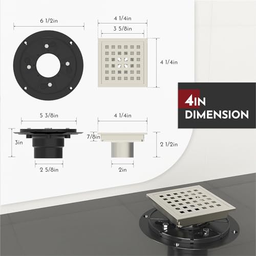 4 Inch Square Shower Floor Drain with Flange,Quadrato Pattern Grate Removable,Food-Grade SUS 304 Stainless Steel,Watermark&CUPC Certified,Brushed Nickel - color: Brushed Nickel, size: 4 Inch
