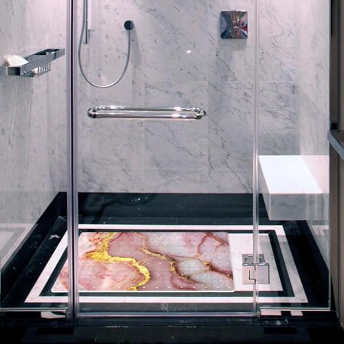Shower Mat Non-Slip Bathtub Mats with Suction Cups and Drain Holes, Pink Marble with Gold Veins Design, Easy to Clean for Bathroom, 26.8x15.1In - color: Multi 11
