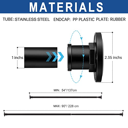 Industrial Shower Curtain Rod - 2-in-1 Design Tension Curtain Rod - Rustproof Non-Slip 54 to 90 Inch Stainless Steel, Matte Black Window Curtain Rod - color: Matte Black, size: 54-90 Inches