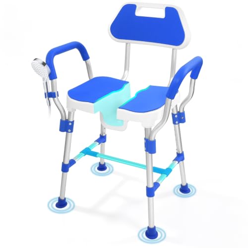 U Shaped Shower Chair for Inside Shower with Arms & Back Heavy Duty Shower Bench for Elderly & Disabled Height Adjustable Bath Seat Non-Slip Feet Shower Stool (Blue) - color: Blue