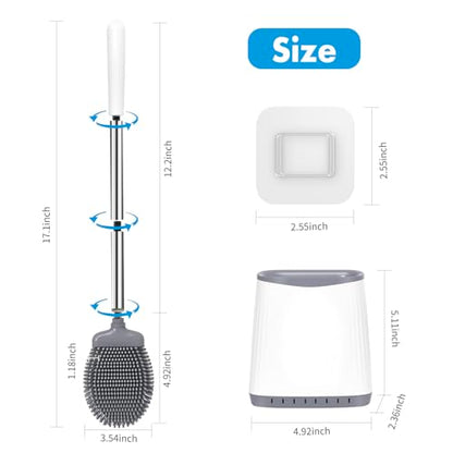 Silicone Toilet Brush and Holder, Flexible Bowl Brush Head with Ventilated Holder, Wall Mounted Compact Set for Bathroom Cleaning