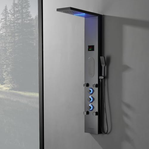 BWE LED Shower Panel,Black Rainfall Shower Panel Tower System | Stainless Steel Shower Tower with Massage Body Jets Tub Spout Wall Mounted Shower Fixtures with Temperature Display