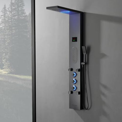 BWE LED Shower Panel,Black Rainfall Shower Panel Tower System | Stainless Steel Shower Tower with Massage Body Jets Tub Spout Wall Mounted Shower Fixtures with Temperature Display