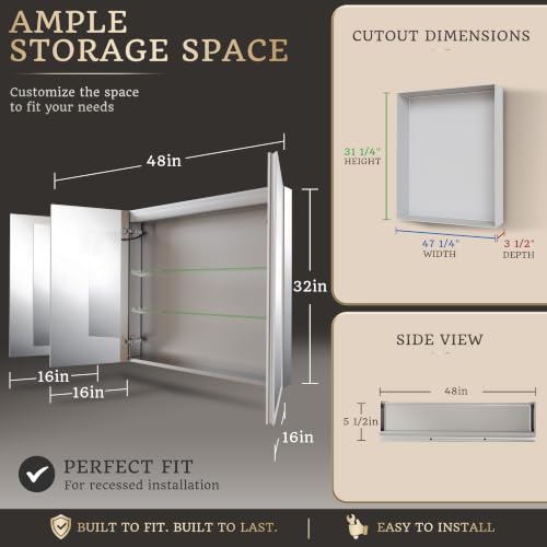 48x32 Lighted Medicine Cabinet, Separate Front & Back Lights | Surface/Recessed LED Medicine Cabinet for Bathroom with Side Mirrors, Dimmable Light, Anti-Fog, Memory,Silver Aluminum Frame - size: 48" x 32"