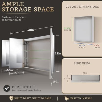 48x32 Lighted Medicine Cabinet, Separate Front & Back Lights | Surface/Recessed LED Medicine Cabinet for Bathroom with Side Mirrors, Dimmable Light, Anti-Fog, Memory,Silver Aluminum Frame - size: 48" x 32"