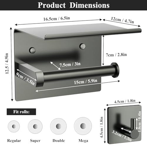 Tindbea Mega Size Toilet Paper Holder with Shelf + Towel Robe Hooks, Adhesive or Screw Wall Mounted Toilet Paper Roll Holder, Stainless Steel Bathroom Hardware Set (Polished Grey) - color: Polished Grey, size: Large