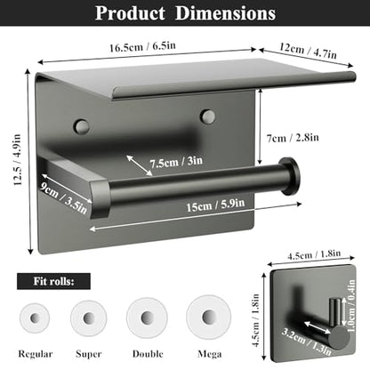 Tindbea Mega Size Toilet Paper Holder with Shelf + Towel Robe Hooks, Adhesive or Screw Wall Mounted Toilet Paper Roll Holder, Stainless Steel Bathroom Hardware Set (Polished Grey) - color: Polished Grey, size: Large