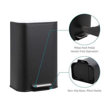 GarveeHome Bathroom Trash Can, 3.2 gal Stainless Steel Garbage Can with Lid, Rectangular Small Step Waste Bin with Foot Pedal & Removable Inner Bucket for Kitchen Bedroom Restroom (Matte Black) - color: Black, size: 12 L