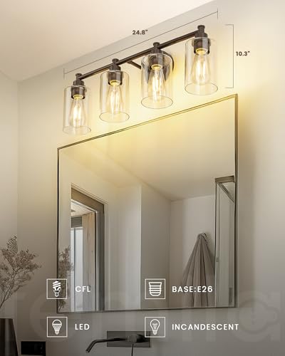 FEMILA Bathroom Vanity Light Fixture, 4-Light Farmhouse Wall Vanity Lights, Oil Rubbed Bronze Finish with Clear Glass Shade, 4FYC56B-4W ORB - color: Oil-Rubbed Bronze, size: 24.8"