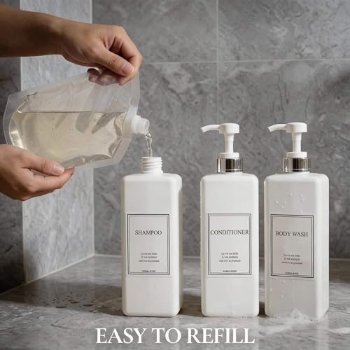 Modern Gold Design Pump Bottle Set 27 oz Refillable Shampoo and Conditioner Dispenser Empty Shower Plastic Bottles with Pump for Bathroom Lotion Body wash, Pack of 3 (White & Silver) - color: White & Silver