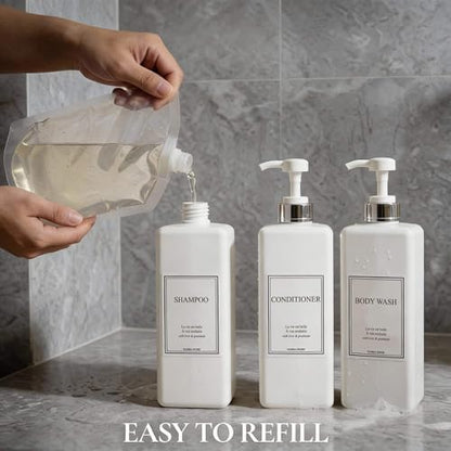 Modern Gold Design Pump Bottle Set 27 oz Refillable Shampoo and Conditioner Dispenser Empty Shower Plastic Bottles with Pump for Bathroom Lotion Body wash, Pack of 3 (White & Silver) - color: White & Silver