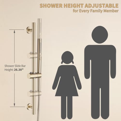 Shower Slide Bar with Handheld Sprayer 2 Modes Handle Shower 59" SUS304 Stainless Steel Hose Shower Height and Angle Adjustable Wall Mounted Bathroom Shower System Remodel Hardware Brushed Gold - color: Brushed Gold-Round