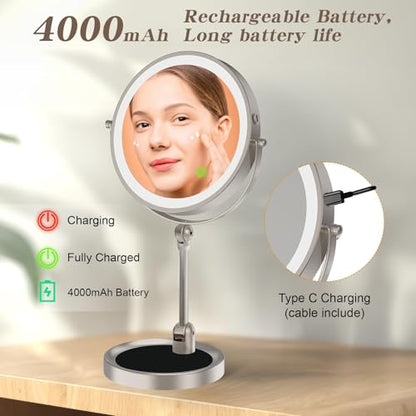 Tabletop Makeup Mirror with Built-in Vanity Tray, 9" Rechargeable 4000mAh Lighted Vanity Mirror 1X/10X Magnification, Height-Adjustable Arm, 3 Color Dimmable (9Inch Nickel) - color: 9inch Nickel