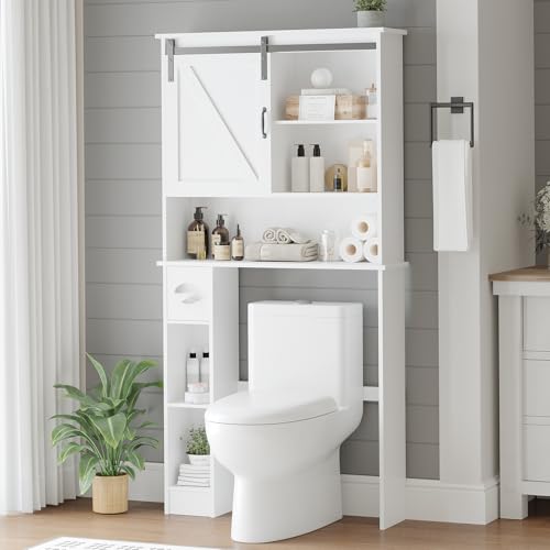 Takywep Over The Toilet Storage Cabinet with 2 Doors, Adjustable Shelf, Toilet Paper Holder and Hooks, Space-Saving Bathroom Organizer for Restroom, Laundry, White