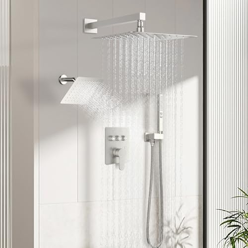 Shower System Dual Head，STARBATH 12+6" Rainfall Shower Head and Handheld Spray, Wall Mounted 3 Way Shower Faucet Set with Push Button Pressure Balance Valve and Trim Kit Brushed Nickel - color: Brushed Nickel, size: 6+12 inch-08